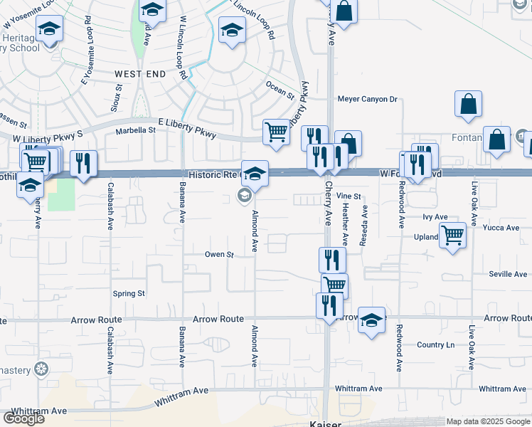 map of restaurants, bars, coffee shops, grocery stores, and more near 14345 Ivy Avenue in Fontana