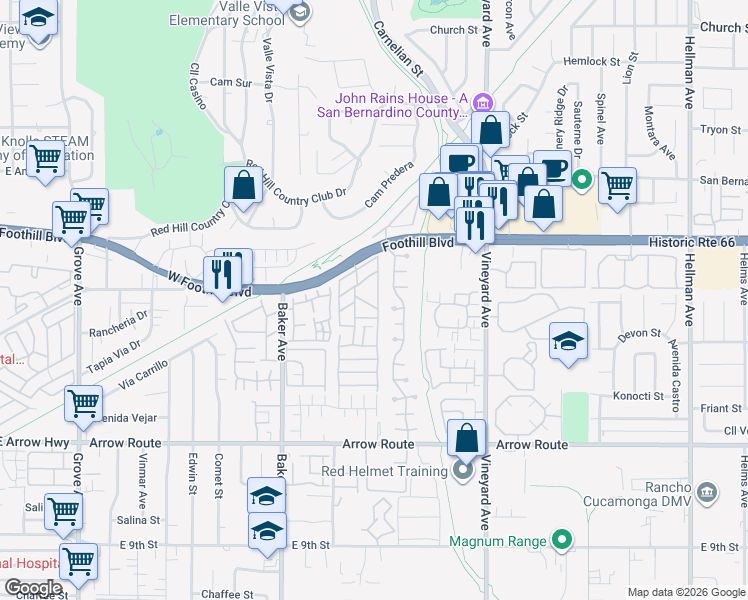 map of restaurants, bars, coffee shops, grocery stores, and more near 8715 Timberwood Court in Rancho Cucamonga