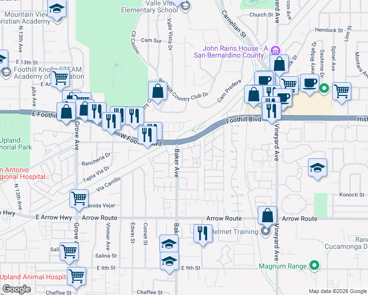 map of restaurants, bars, coffee shops, grocery stores, and more near 8232 Mondavi Place in Rancho Cucamonga