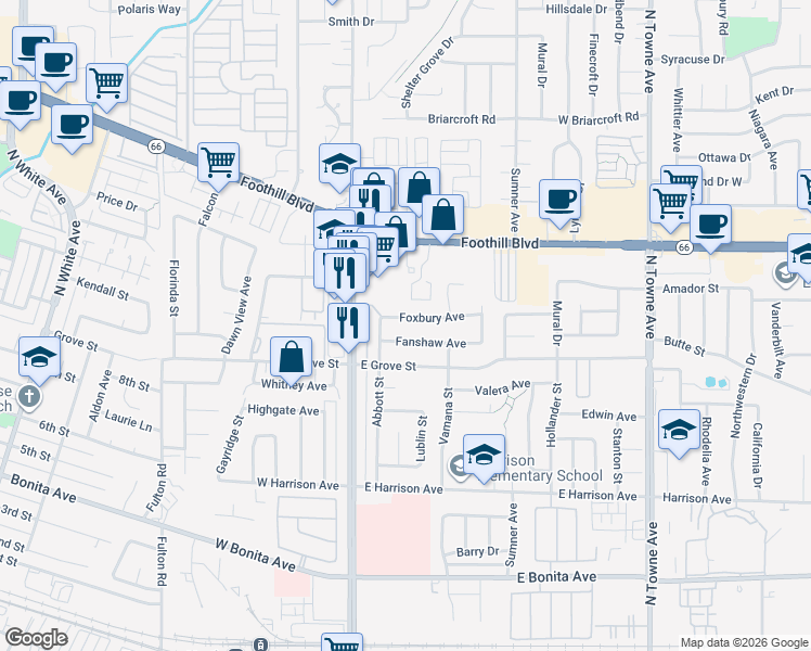 map of restaurants, bars, coffee shops, grocery stores, and more near 181 Fanshaw Avenue in Pomona