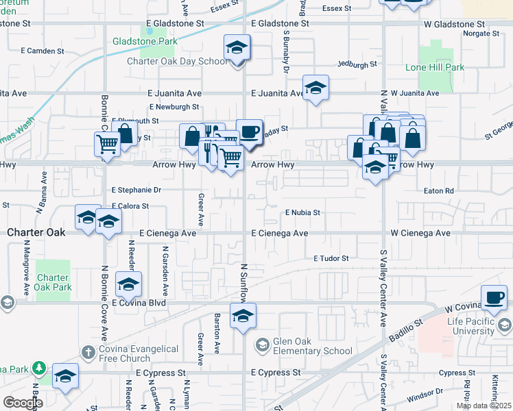 map of restaurants, bars, coffee shops, grocery stores, and more near 5034 North Sunflower Avenue in Covina