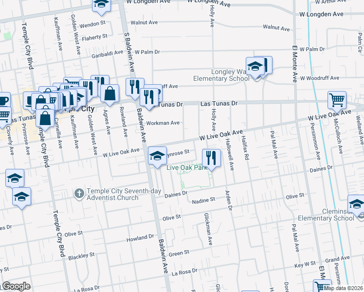 map of restaurants, bars, coffee shops, grocery stores, and more near 10124 Lynrose Street in Temple City