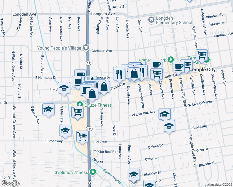 map of restaurants, bars, coffee shops, grocery stores, and more near 5731 Loma Avenue in Temple City