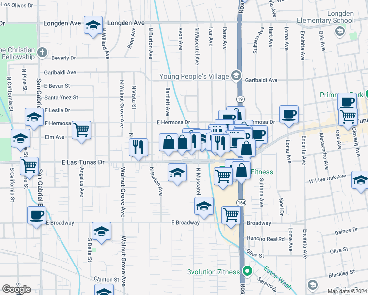 map of restaurants, bars, coffee shops, grocery stores, and more near 1343 East Las Tunas Drive in San Gabriel