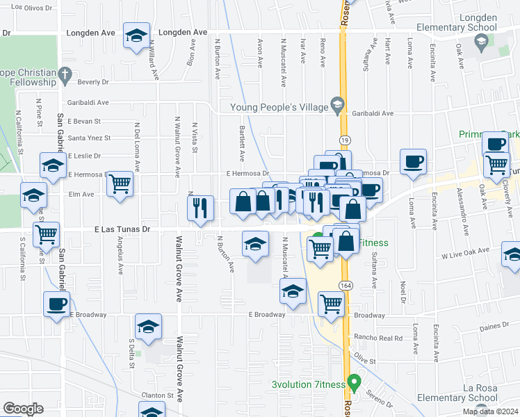 map of restaurants, bars, coffee shops, grocery stores, and more near 1343 East Las Tunas Drive in San Gabriel