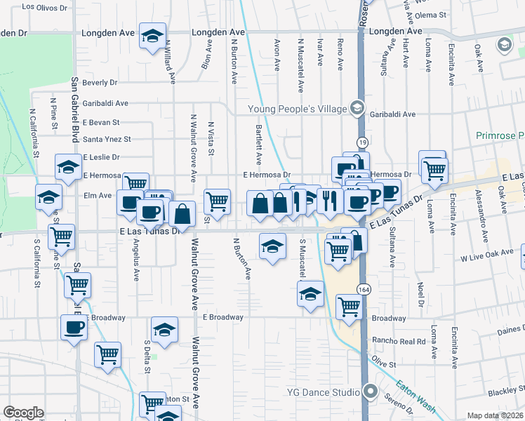 map of restaurants, bars, coffee shops, grocery stores, and more near 1245 East Las Tunas Drive in San Gabriel