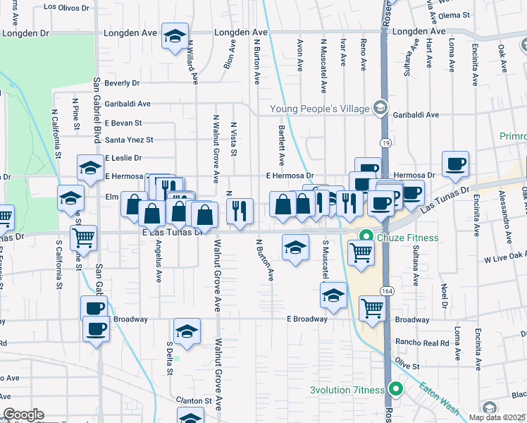 map of restaurants, bars, coffee shops, grocery stores, and more near 114 North Burton Avenue in San Gabriel
