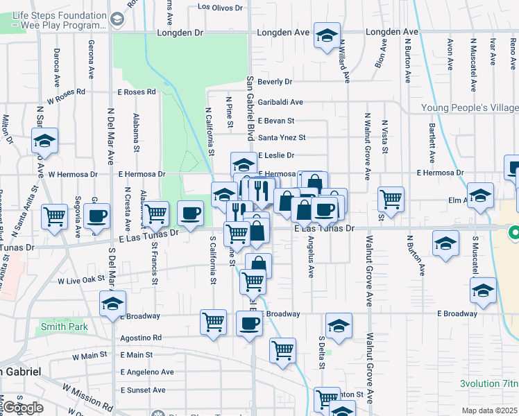 map of restaurants, bars, coffee shops, grocery stores, and more near 102 North San Gabriel Boulevard in San Gabriel