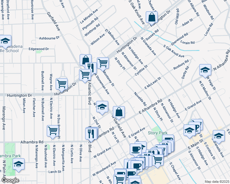 map of restaurants, bars, coffee shops, grocery stores, and more near 829 North Monterey Street in Alhambra
