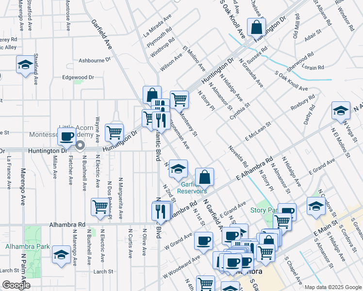 map of restaurants, bars, coffee shops, grocery stores, and more near 915 North Stoneman Avenue in Alhambra