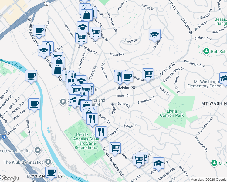 map of restaurants, bars, coffee shops, grocery stores, and more near 3217 Isabel Drive in Los Angeles