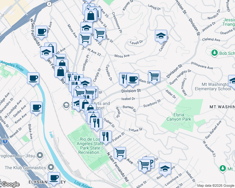 map of restaurants, bars, coffee shops, grocery stores, and more near 3217 Isabel Drive in Los Angeles