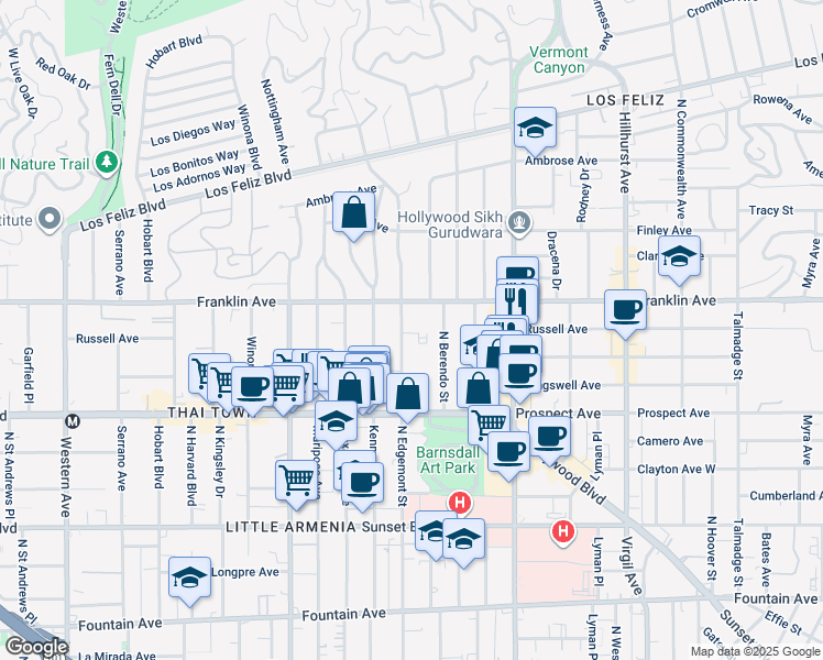 map of restaurants, bars, coffee shops, grocery stores, and more near 1814 North Edgemont Street in Los Angeles