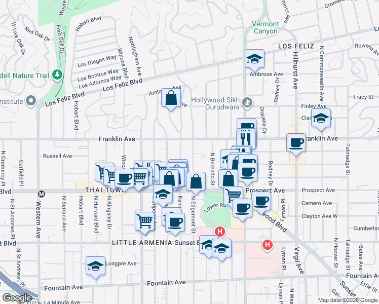 map of restaurants, bars, coffee shops, grocery stores, and more near 1814 North Edgemont Street in Los Angeles