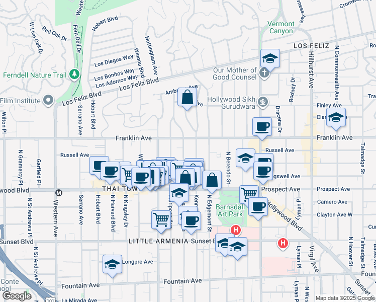 map of restaurants, bars, coffee shops, grocery stores, and more near 1815 North Kenmore Avenue in Los Angeles