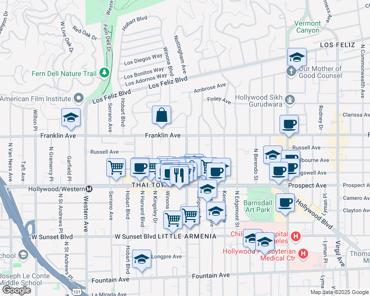 map of restaurants, bars, coffee shops, grocery stores, and more near 1814 North Normandie Avenue in Los Angeles