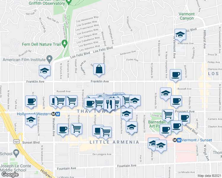 map of restaurants, bars, coffee shops, grocery stores, and more near 1814 North Normandie Avenue in Los Angeles