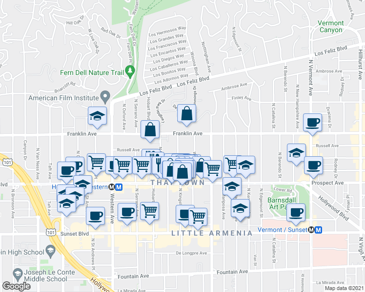 map of restaurants, bars, coffee shops, grocery stores, and more near 1813 North Kingsley Drive in Los Angeles
