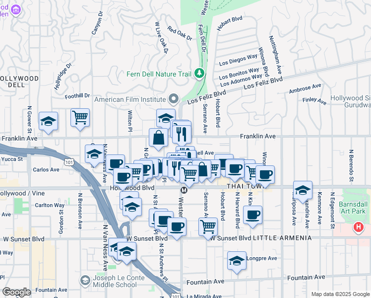 map of restaurants, bars, coffee shops, grocery stores, and more near 1825 North Western Avenue in Los Angeles