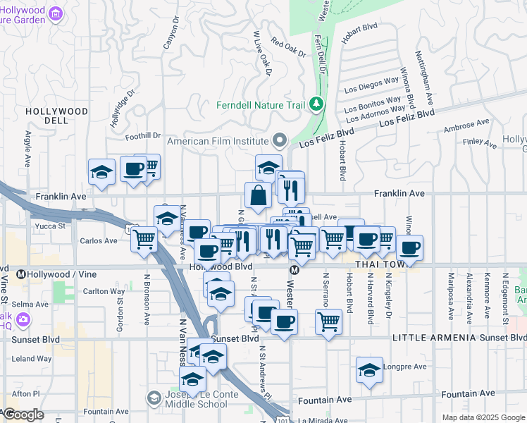 map of restaurants, bars, coffee shops, grocery stores, and more near 1817 Garfield Place in Los Angeles