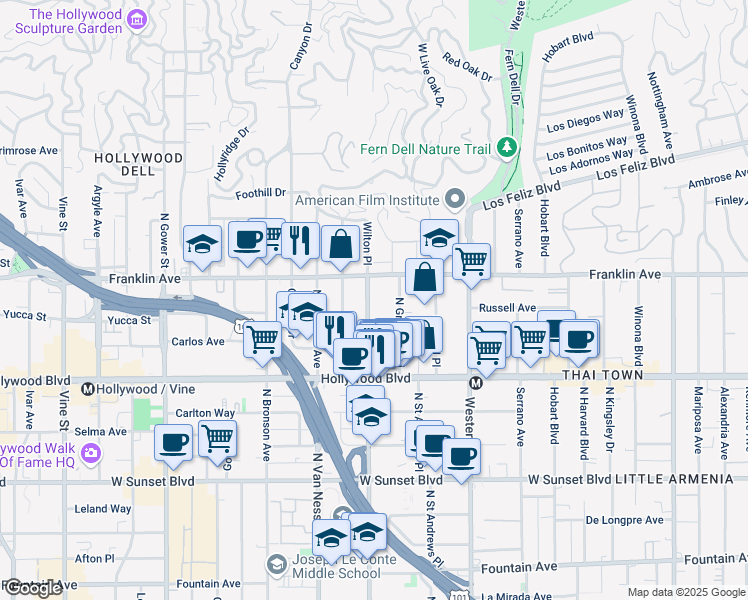 map of restaurants, bars, coffee shops, grocery stores, and more near 1821 North Wilton Place in Los Angeles