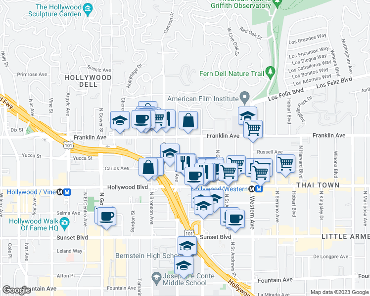 map of restaurants, bars, coffee shops, grocery stores, and more near 1818 North Van Ness Avenue in Los Angeles
