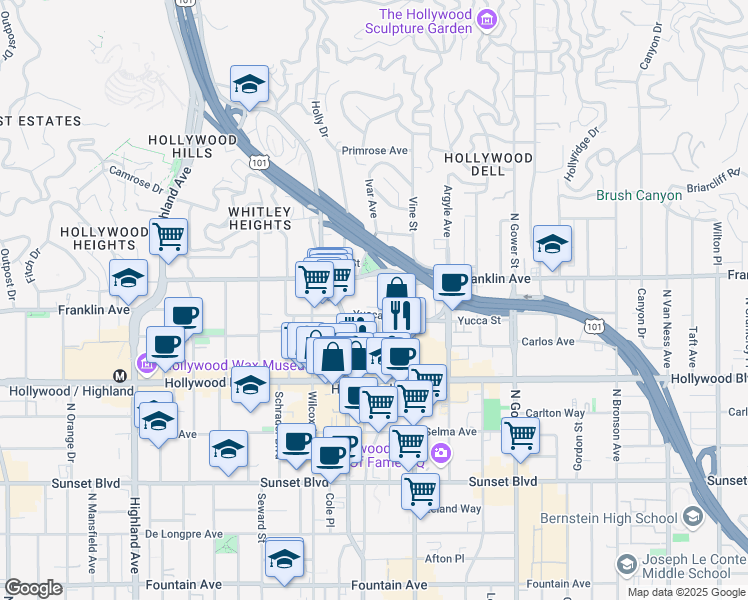 map of restaurants, bars, coffee shops, grocery stores, and more near 6373 Yucca Street in Los Angeles