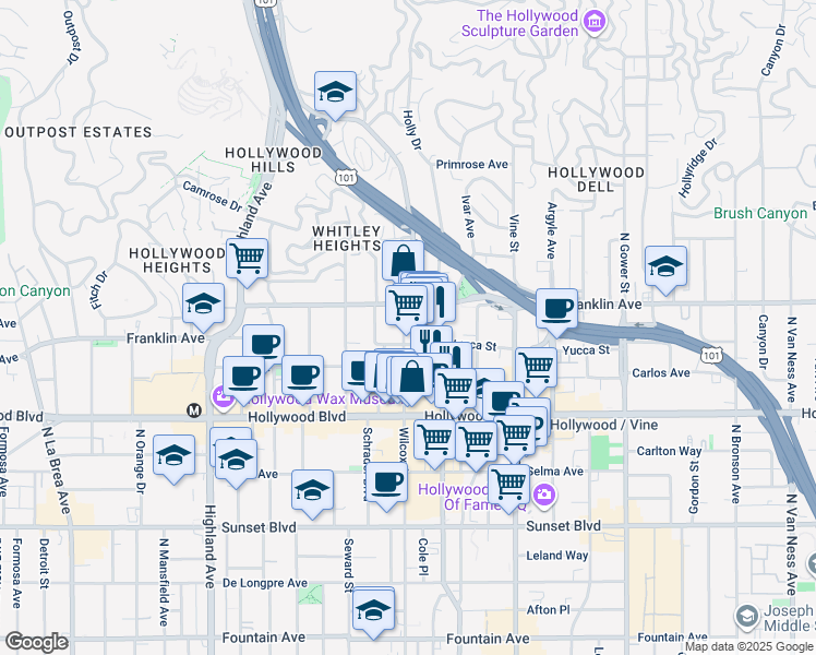 map of restaurants, bars, coffee shops, grocery stores, and more near 6434 Yucca Street in Los Angeles