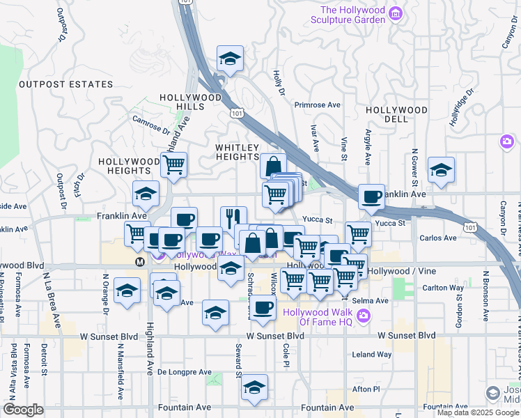map of restaurants, bars, coffee shops, grocery stores, and more near 1800 Grace Avenue in Los Angeles