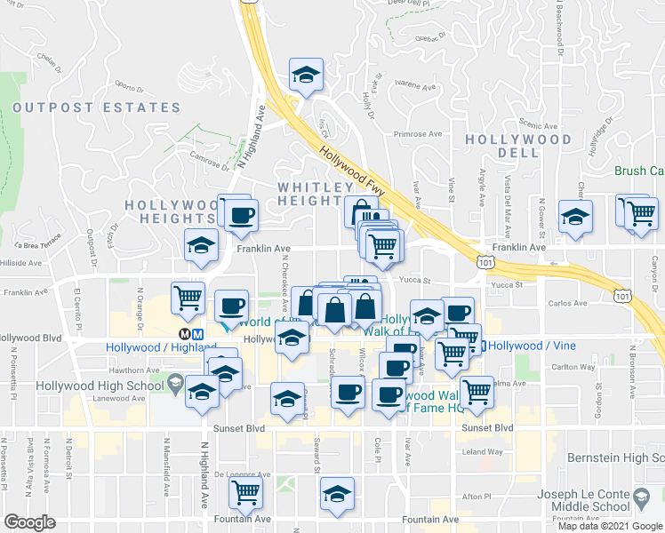 map of restaurants, bars, coffee shops, grocery stores, and more near 1492 Grace Avenue in Los Angeles