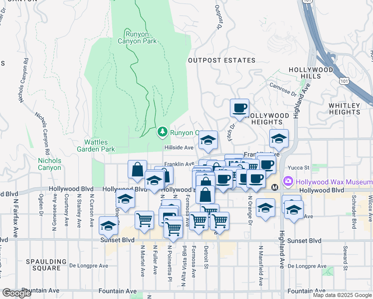 map of restaurants, bars, coffee shops, grocery stores, and more near 7231 Franklin Avenue in Los Angeles