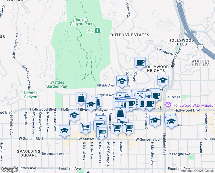 map of restaurants, bars, coffee shops, grocery stores, and more near 7231 Franklin Avenue in Los Angeles