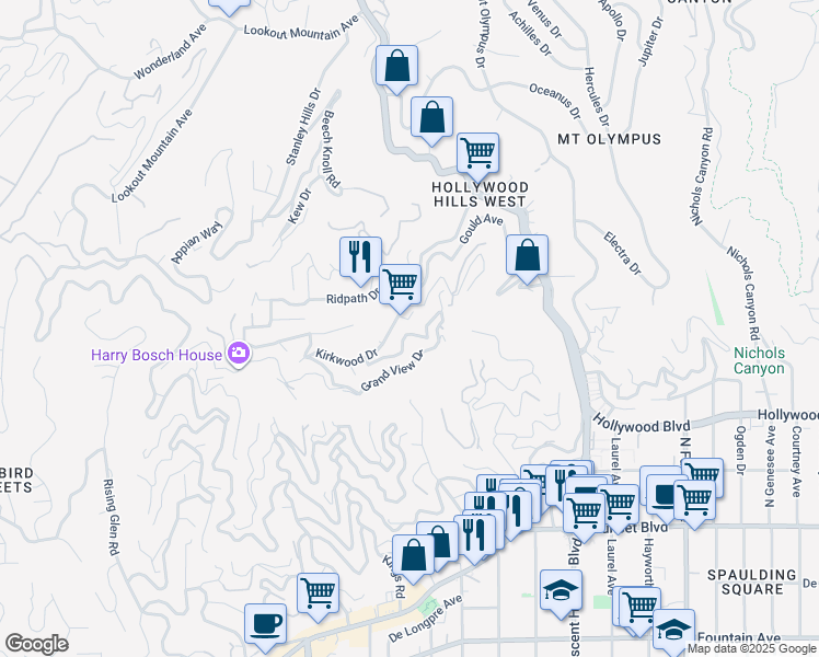 map of restaurants, bars, coffee shops, grocery stores, and more near 8370 1/2 Yucca Trail in Los Angeles