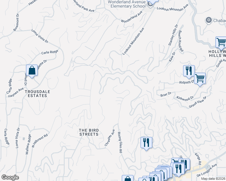 map of restaurants, bars, coffee shops, grocery stores, and more near 1867 Rising Glen Road in Los Angeles