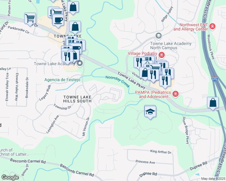 map of restaurants, bars, coffee shops, grocery stores, and more near 1345 Towne Lake Hills South Drive in Woodstock