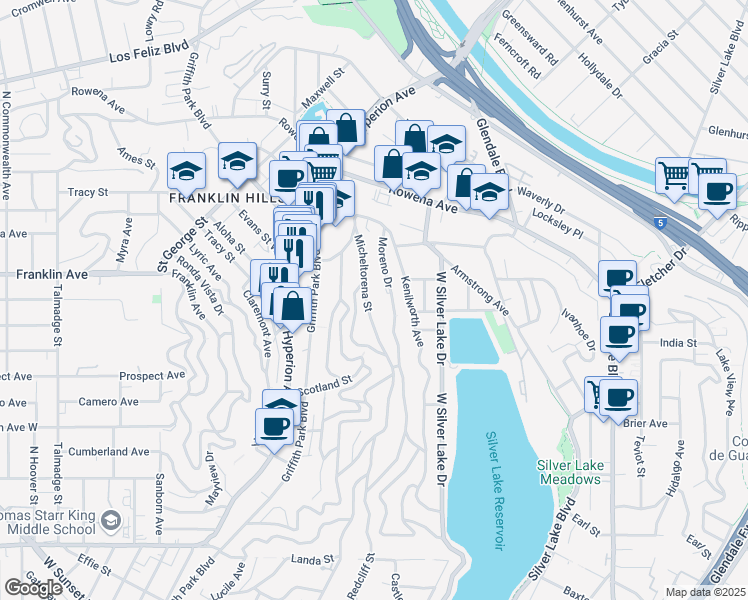 map of restaurants, bars, coffee shops, grocery stores, and more near 2464 Micheltorena Street in Los Angeles
