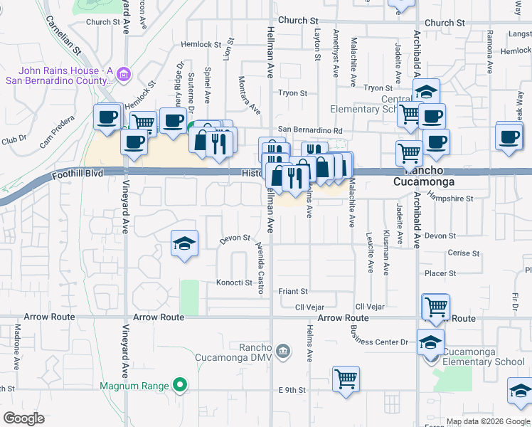 map of restaurants, bars, coffee shops, grocery stores, and more near 8215 Avenida Castro in Rancho Cucamonga