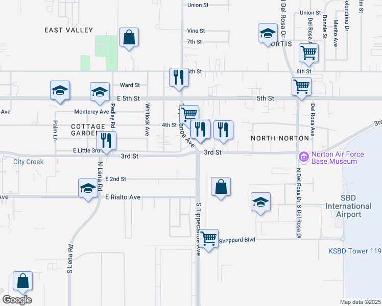 map of restaurants, bars, coffee shops, grocery stores, and more near 1155 East 3rd Street in San Bernardino