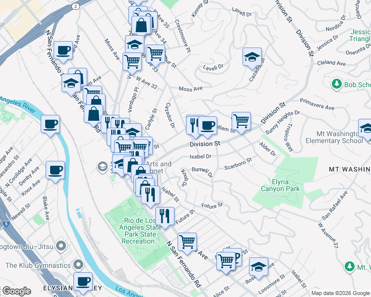 map of restaurants, bars, coffee shops, grocery stores, and more near 3217 Isabel Drive in Los Angeles