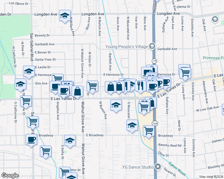 map of restaurants, bars, coffee shops, grocery stores, and more near 1245 East Las Tunas Drive in San Gabriel