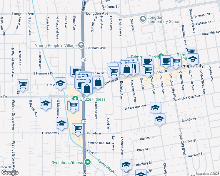 map of restaurants, bars, coffee shops, grocery stores, and more near 5731 Loma Avenue in Temple City