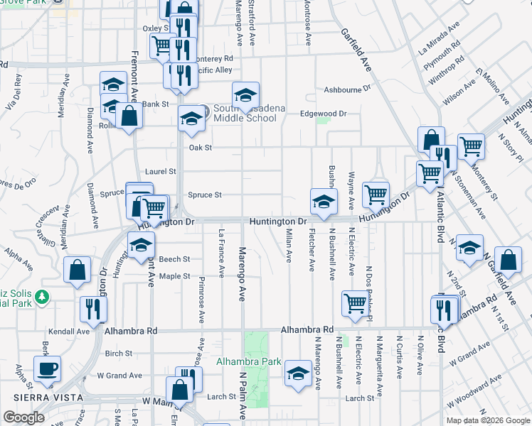 map of restaurants, bars, coffee shops, grocery stores, and more near 1730 Huntington Drive in South Pasadena