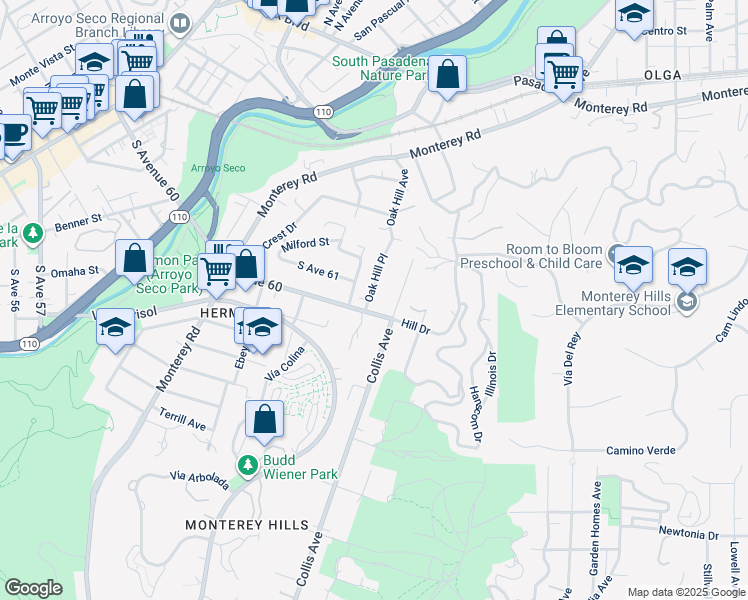 map of restaurants, bars, coffee shops, grocery stores, and more near 6010 Oak Hill Place in Los Angeles