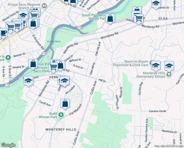 map of restaurants, bars, coffee shops, grocery stores, and more near 6010 Oak Hill Place in Los Angeles