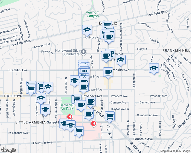 map of restaurants, bars, coffee shops, grocery stores, and more near Rodney Dr & Russell Ave in Los Angeles