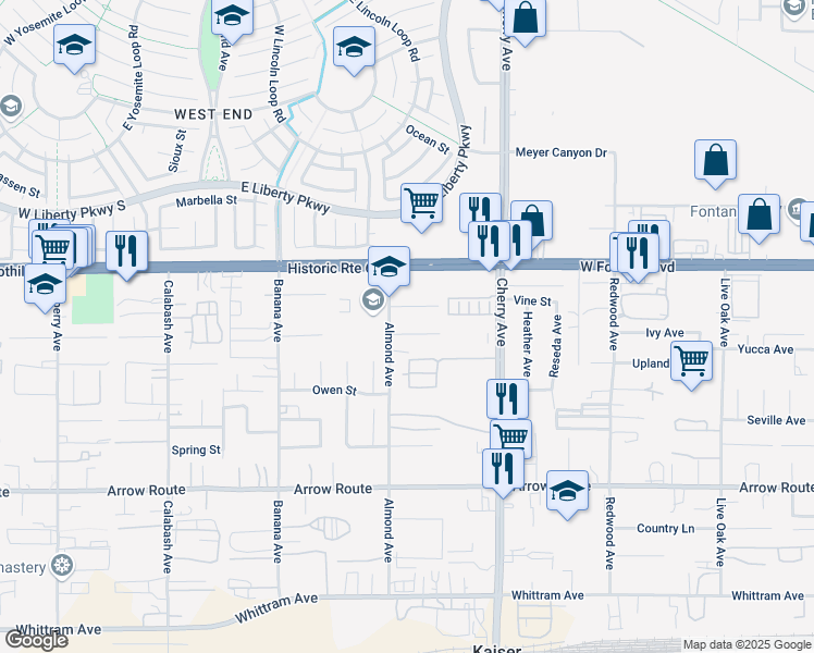 map of restaurants, bars, coffee shops, grocery stores, and more near 14345 Ivy Avenue in Fontana