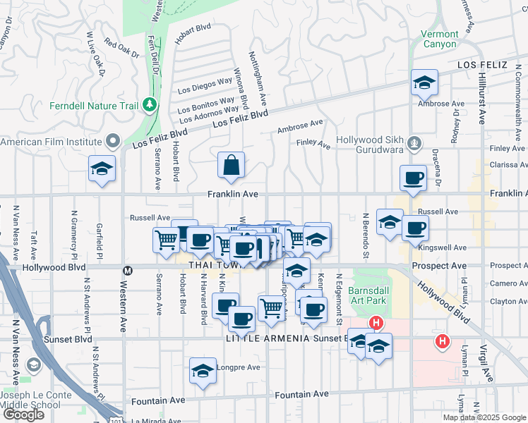map of restaurants, bars, coffee shops, grocery stores, and more near 1814 North Normandie Avenue in Los Angeles