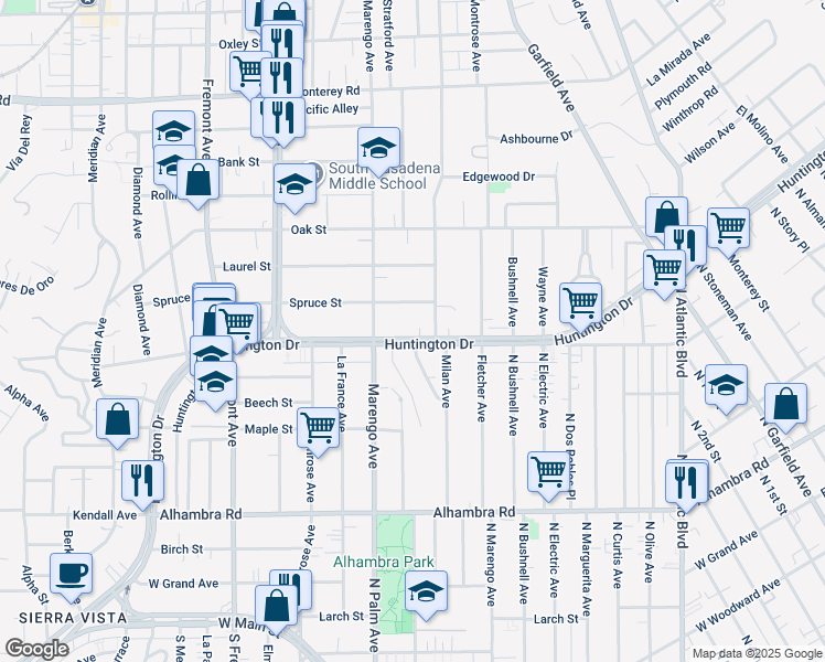 map of restaurants, bars, coffee shops, grocery stores, and more near 1807 Huntington Drive in South Pasadena