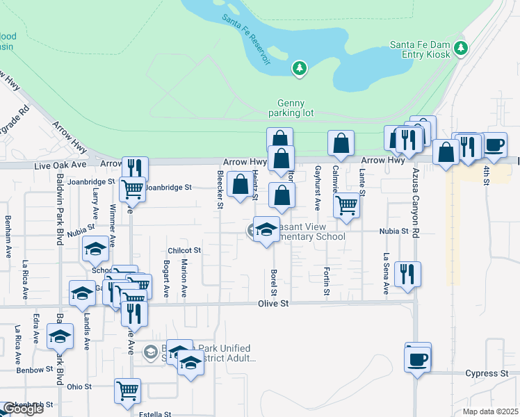 map of restaurants, bars, coffee shops, grocery stores, and more near 5040 Heintz Street in Baldwin Park