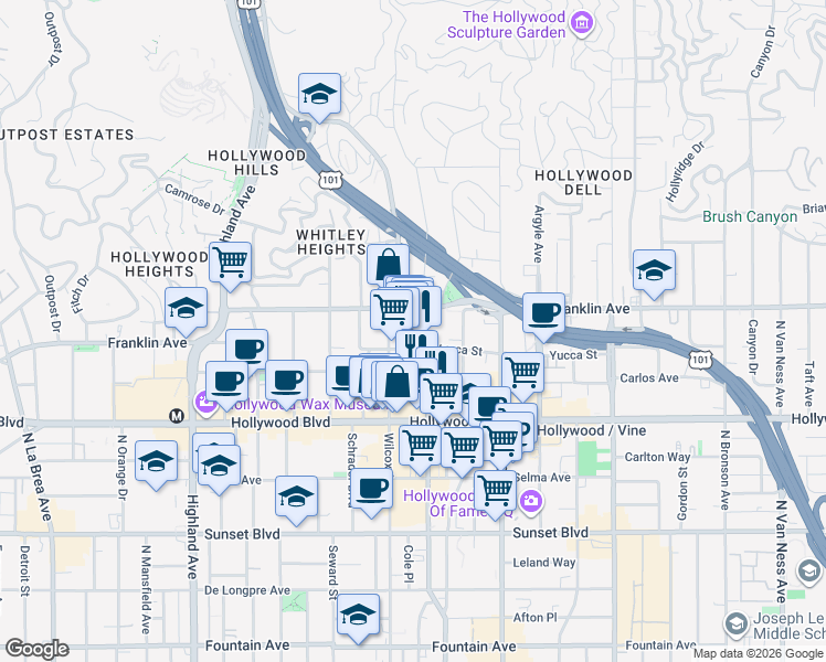 map of restaurants, bars, coffee shops, grocery stores, and more near 1813 North Cahuenga Boulevard in Los Angeles